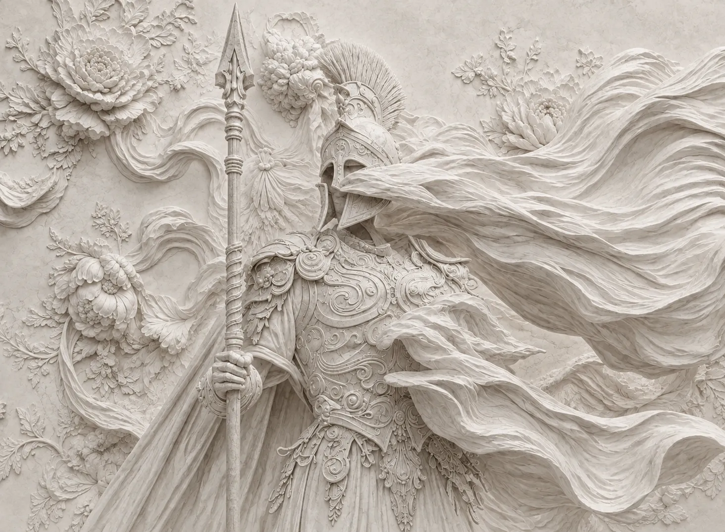 Ein in hellen Kalkstein geschnittenes Relief: eine geharnischte Wächterfigur mit Lanze, umgeben von Pfingstrosen und wehendem Tuch.