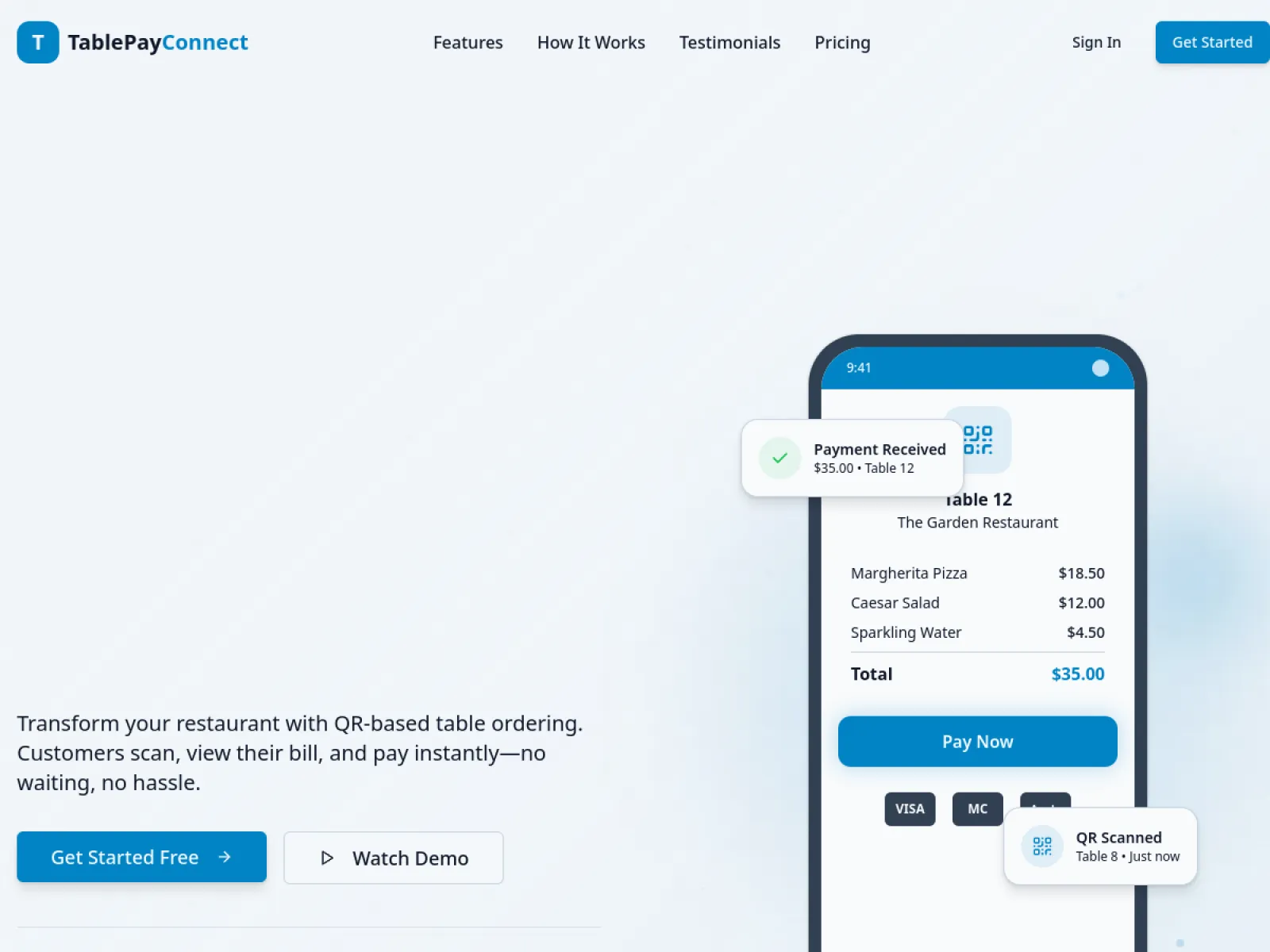 Startseite von TablePay Connect